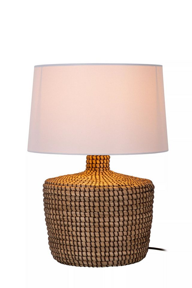 Nachttischlampe Japandi Natur Weiß mit Stoffschirm