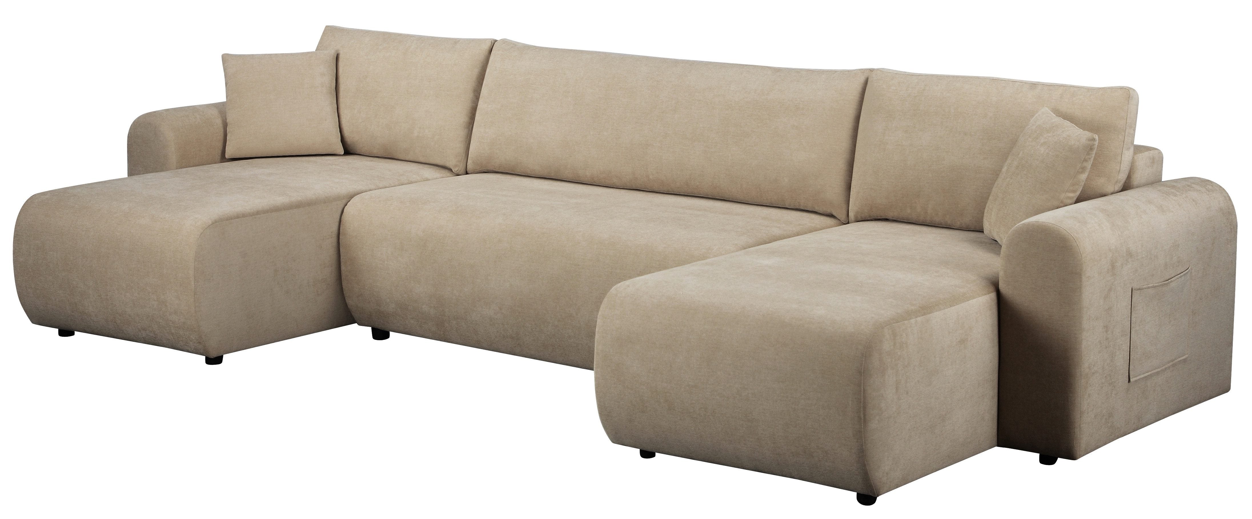 Japandi U-Wohnlandschaft Beige mit Schlaffunktion und Bettkasten