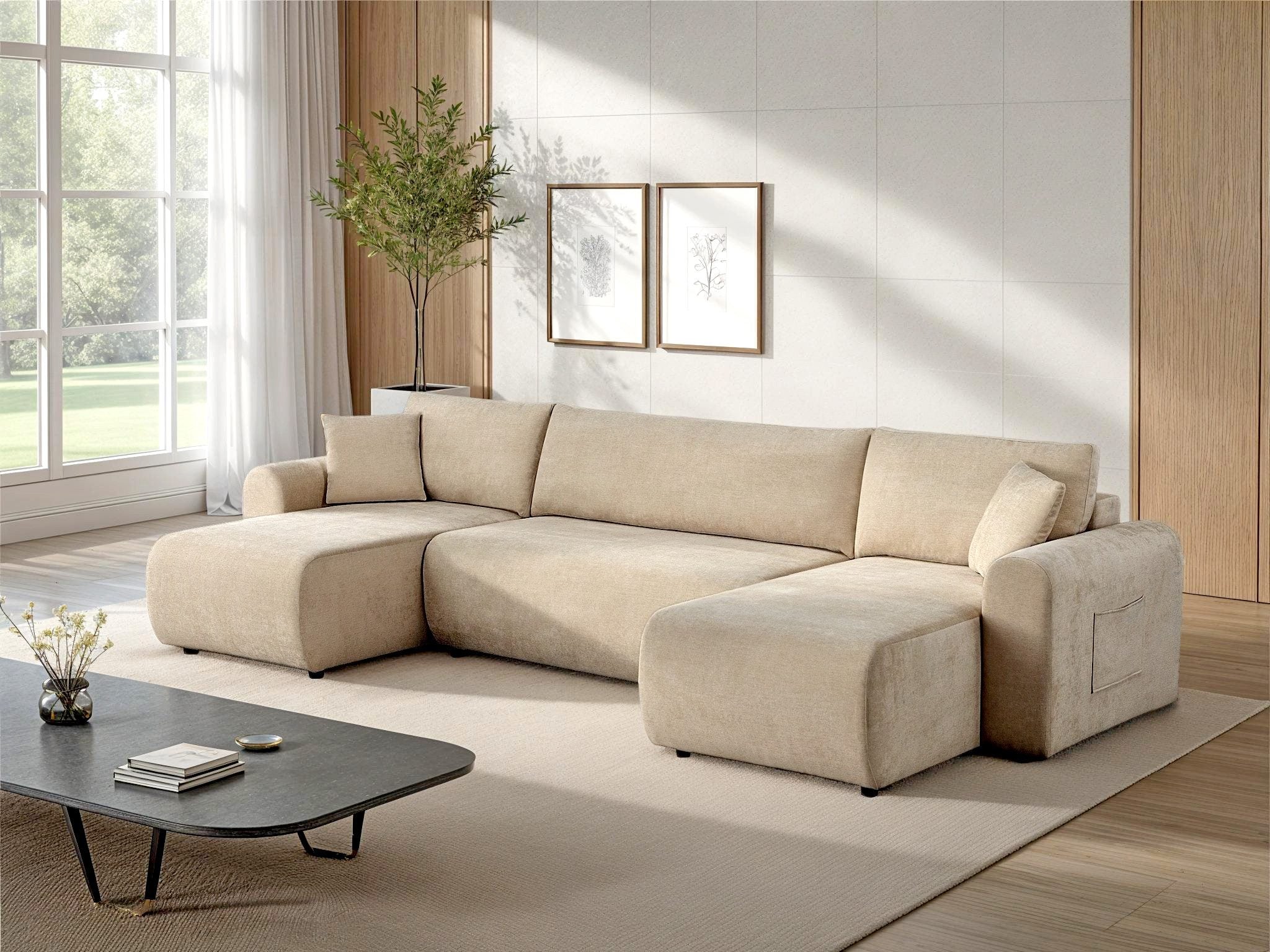 Japandi U-Wohnlandschaft Beige mit Schlaffunktion und Bettkasten