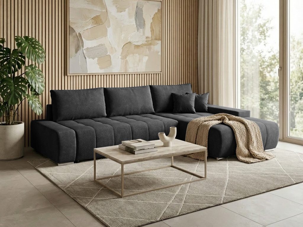 Ecksofa Japandi Anthrazit mit Schlaffunktion und Bettkasten