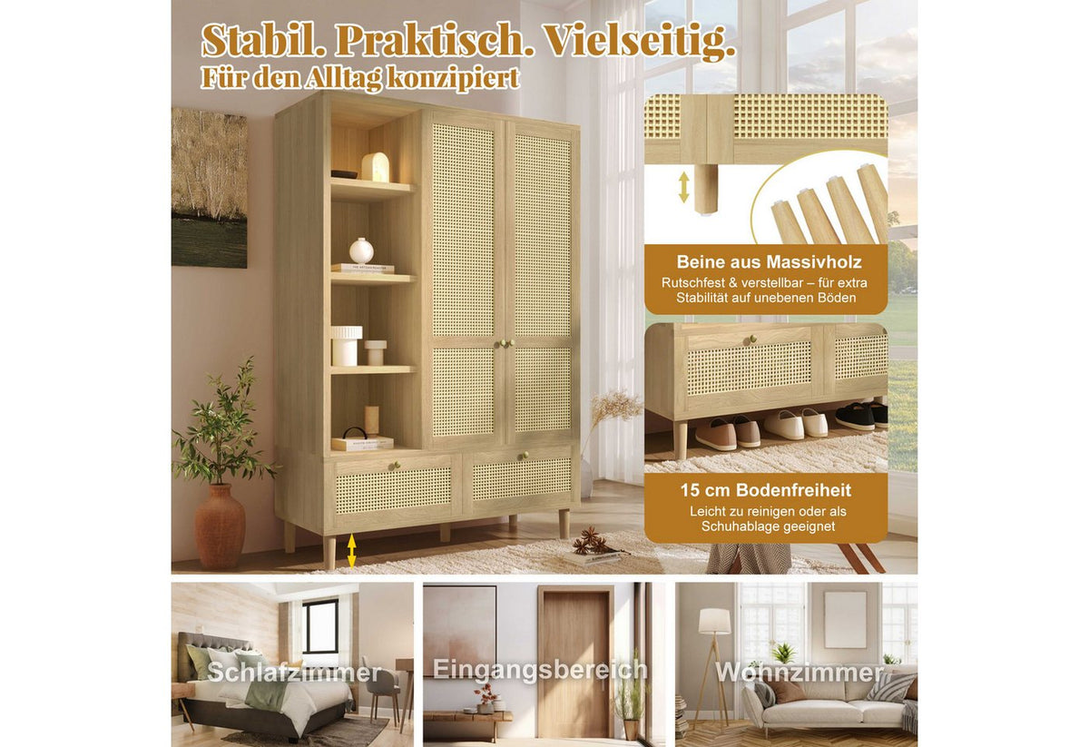 Japandi Kleiderschrank Helle Eiche mit Rattanfront und 2 Schubladen
