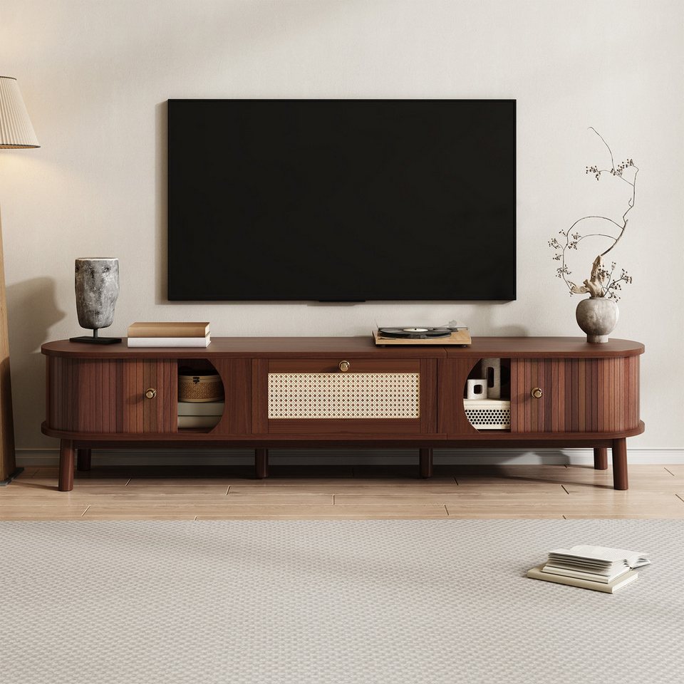 TV-Board Japandi Naturholz mit Rattan-Schubladen
