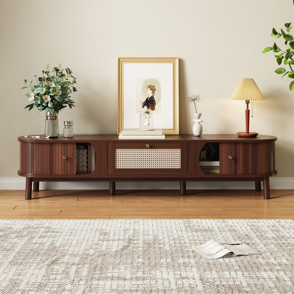 TV-Board Japandi Naturholz mit Rattan-Schubladen