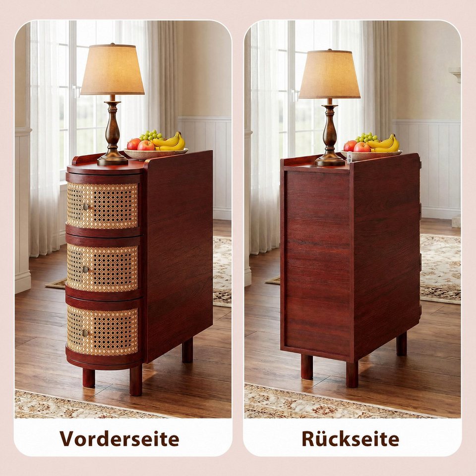 Schmaler Japandi Nachttisch mit Rattanfront