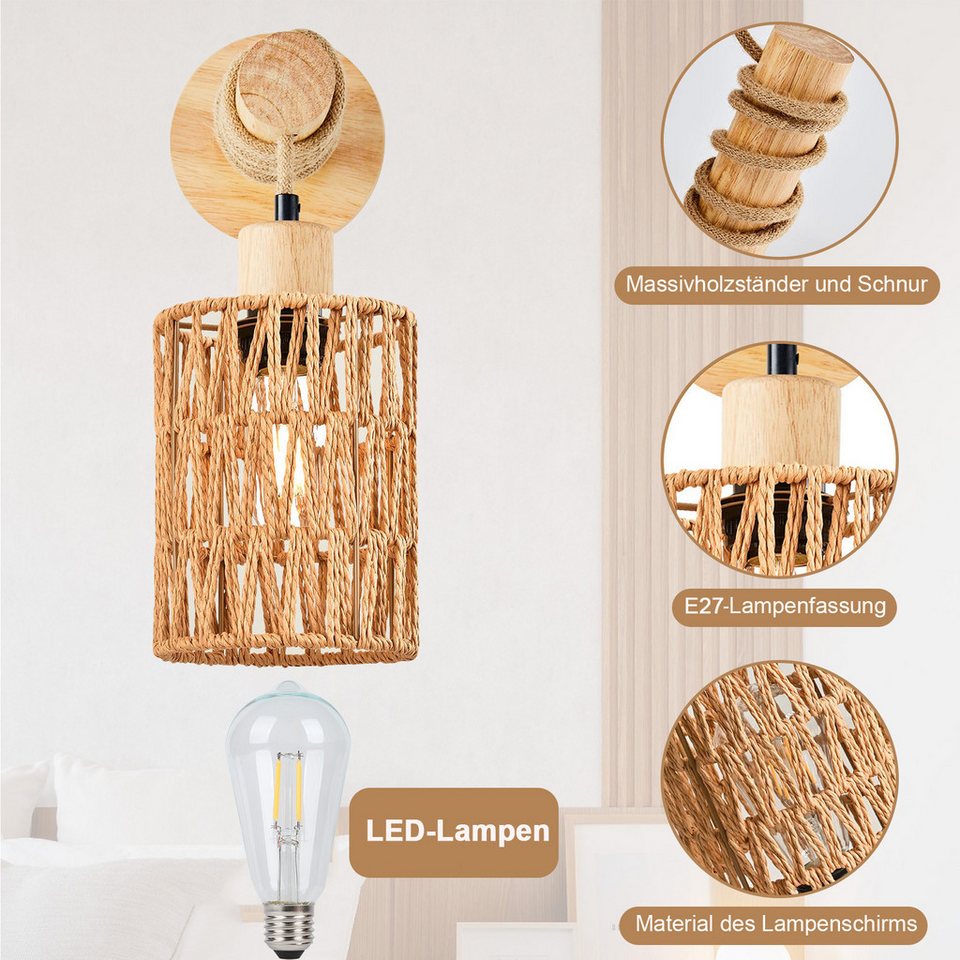 Japandi-Wandleuchte aus Holz mit Rattanschirm