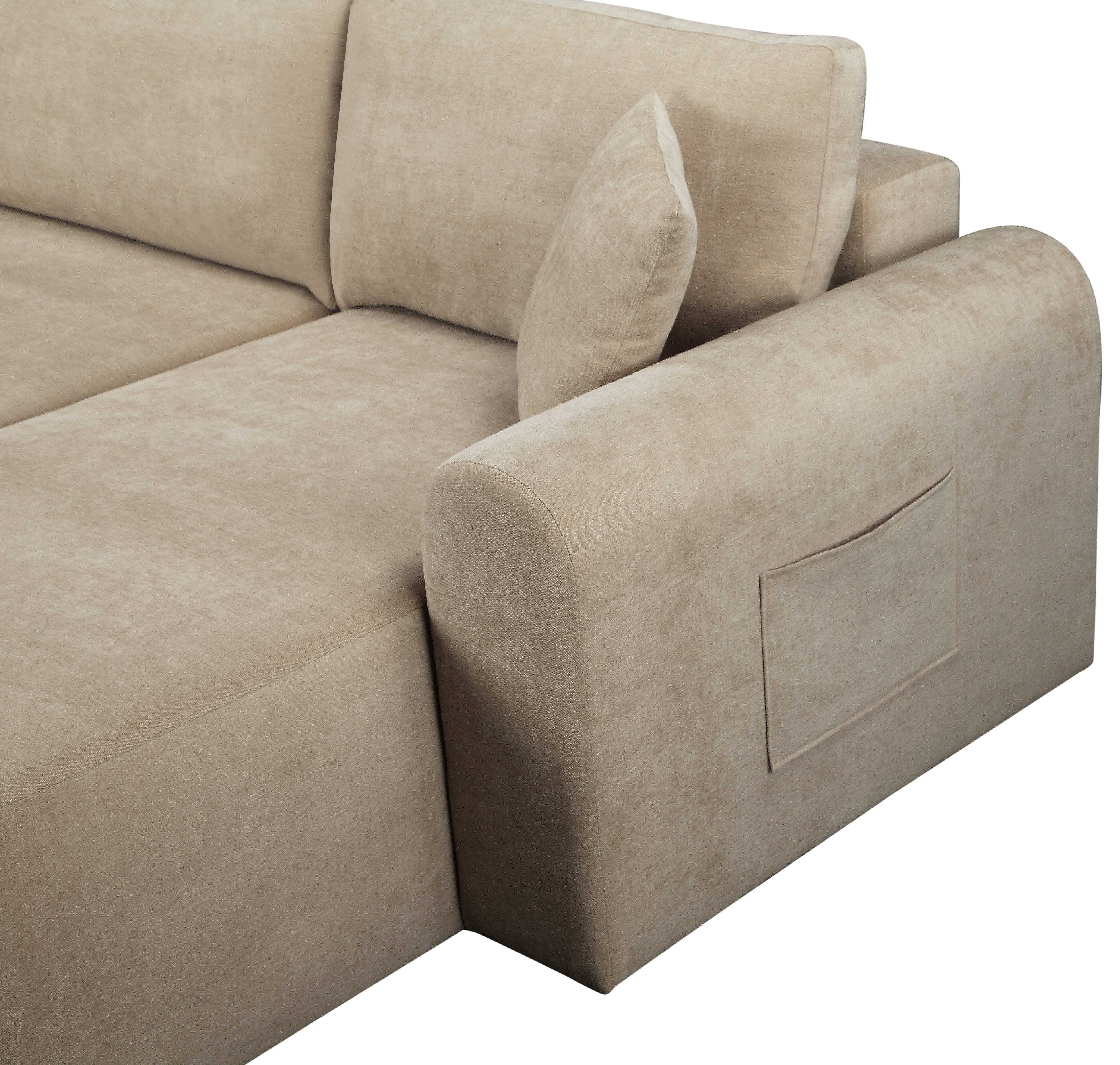 Japandi U-Wohnlandschaft Beige mit Schlaffunktion und Bettkasten