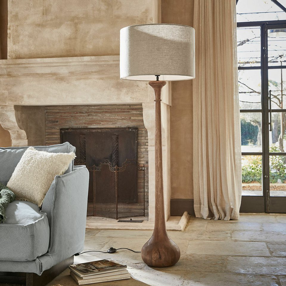 Japandi Stehlampe Braun mit Leinenschirm