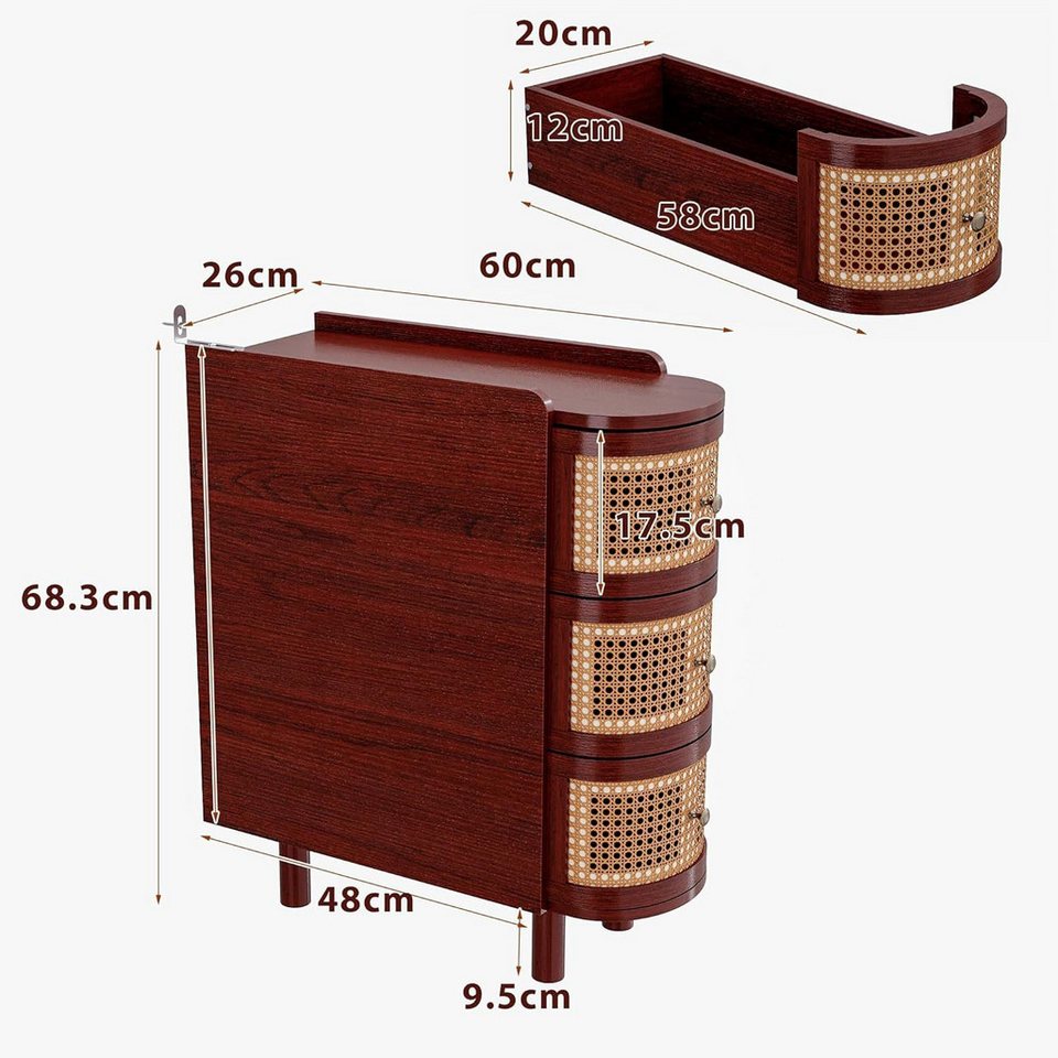 Schmaler Japandi Nachttisch mit Rattanfront