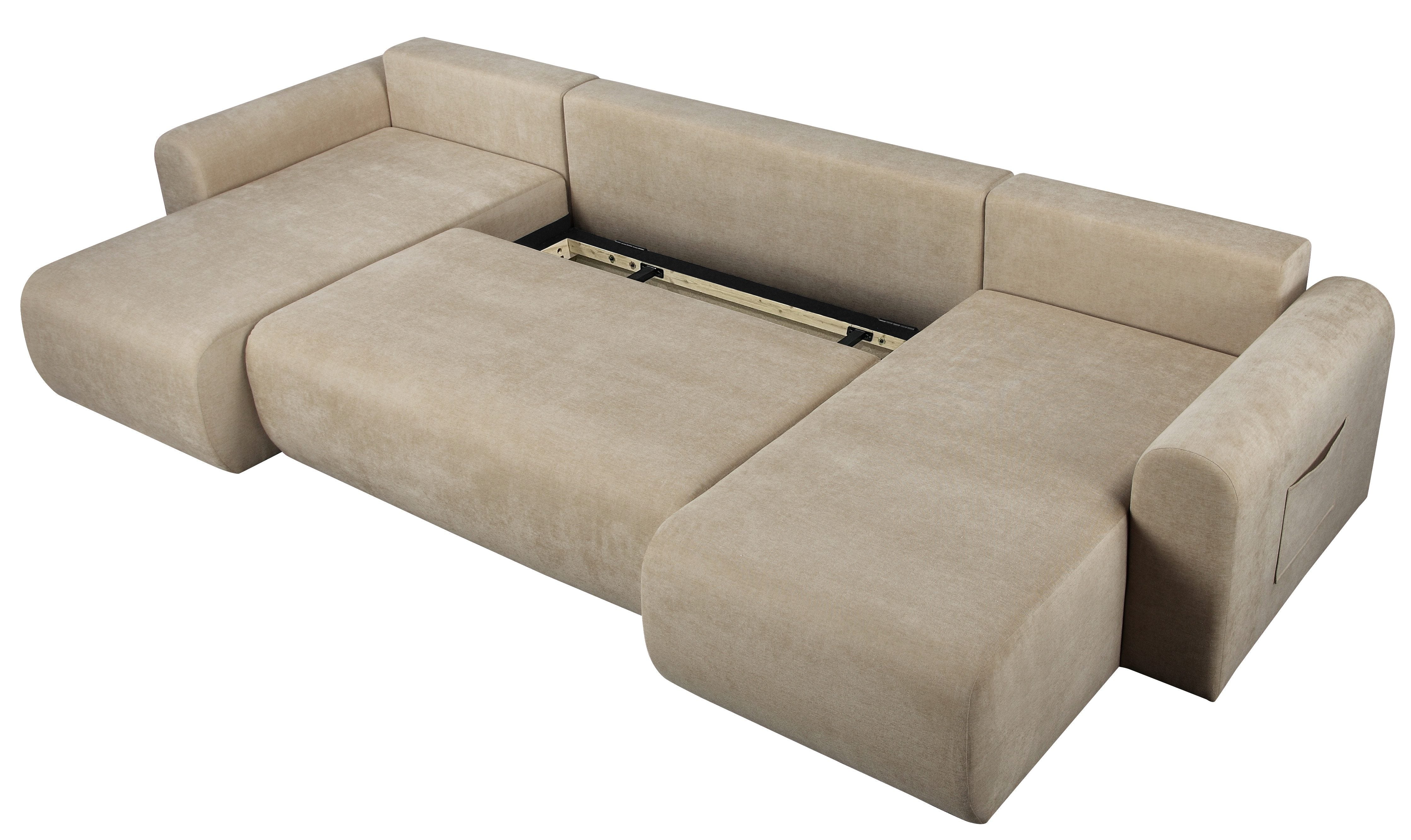 Japandi U-Wohnlandschaft Beige mit Schlaffunktion und Bettkasten