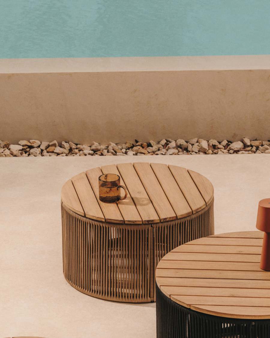 Couchtisch Japandi Stahl Flechtwerk Akazienholz 60 cm