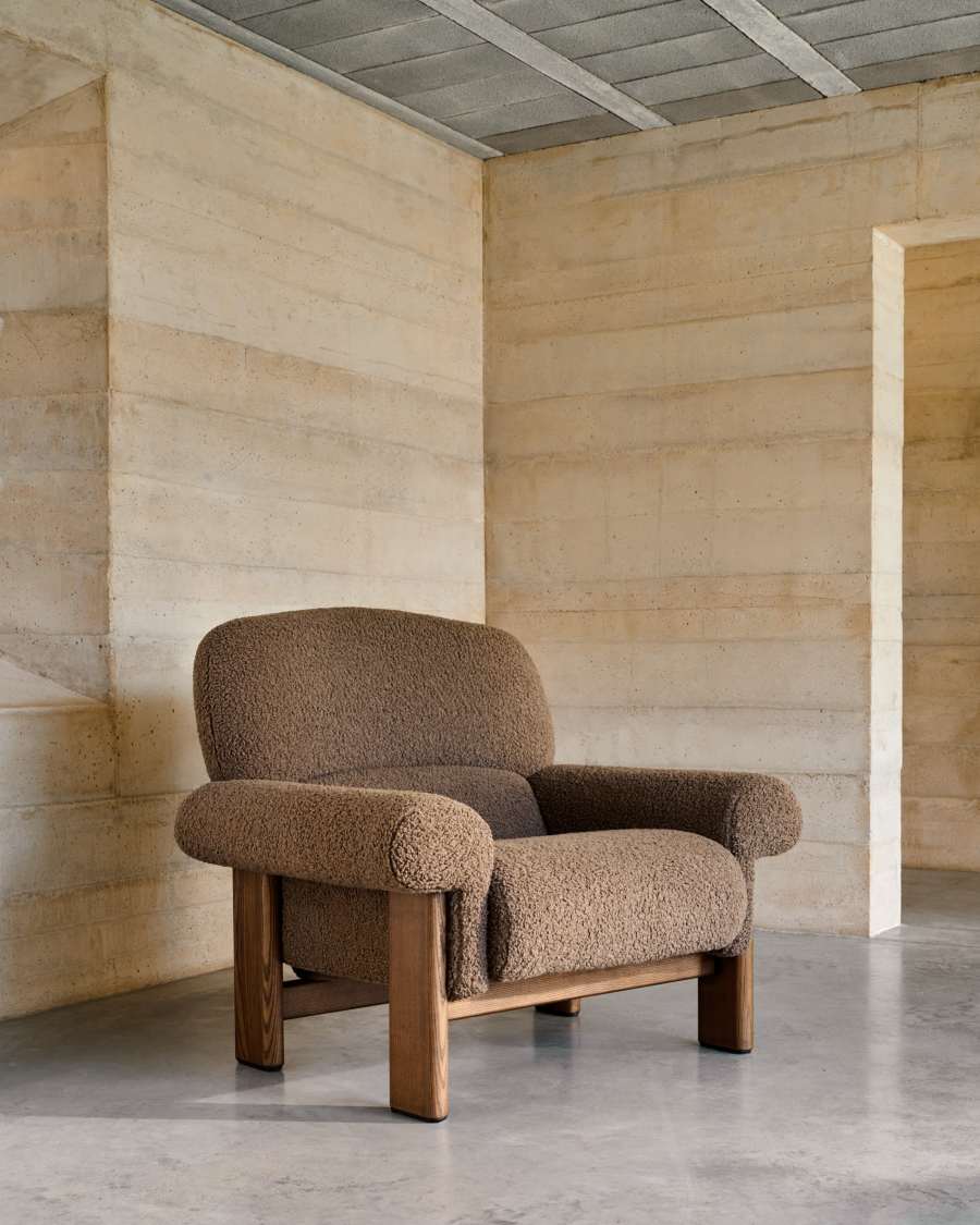 Sessel Japandi Taupe Bouclé Eschenholz Natur