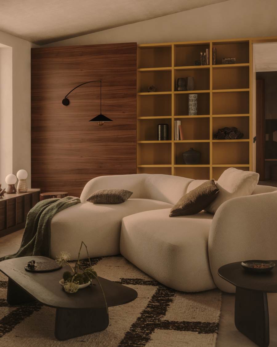 Modulares Japandi Sofa Ecru Chenille mit Chaiselongue Links