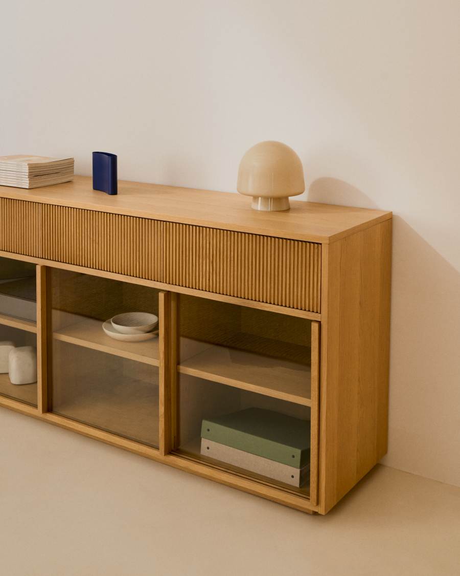 Sideboard Japandi Eichenfurnier Glas 4 Türen 200x80 cm