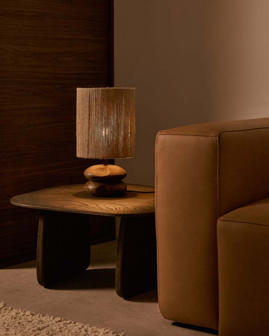 Japandi Tischlampe aus dunklem Akazienholz mit Jute