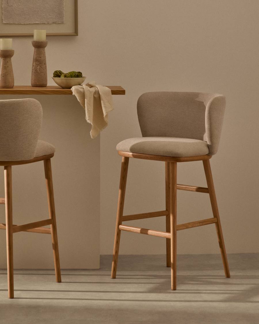 Hocker Japandi Beige Chenille Eschenholz Natur 75 cm