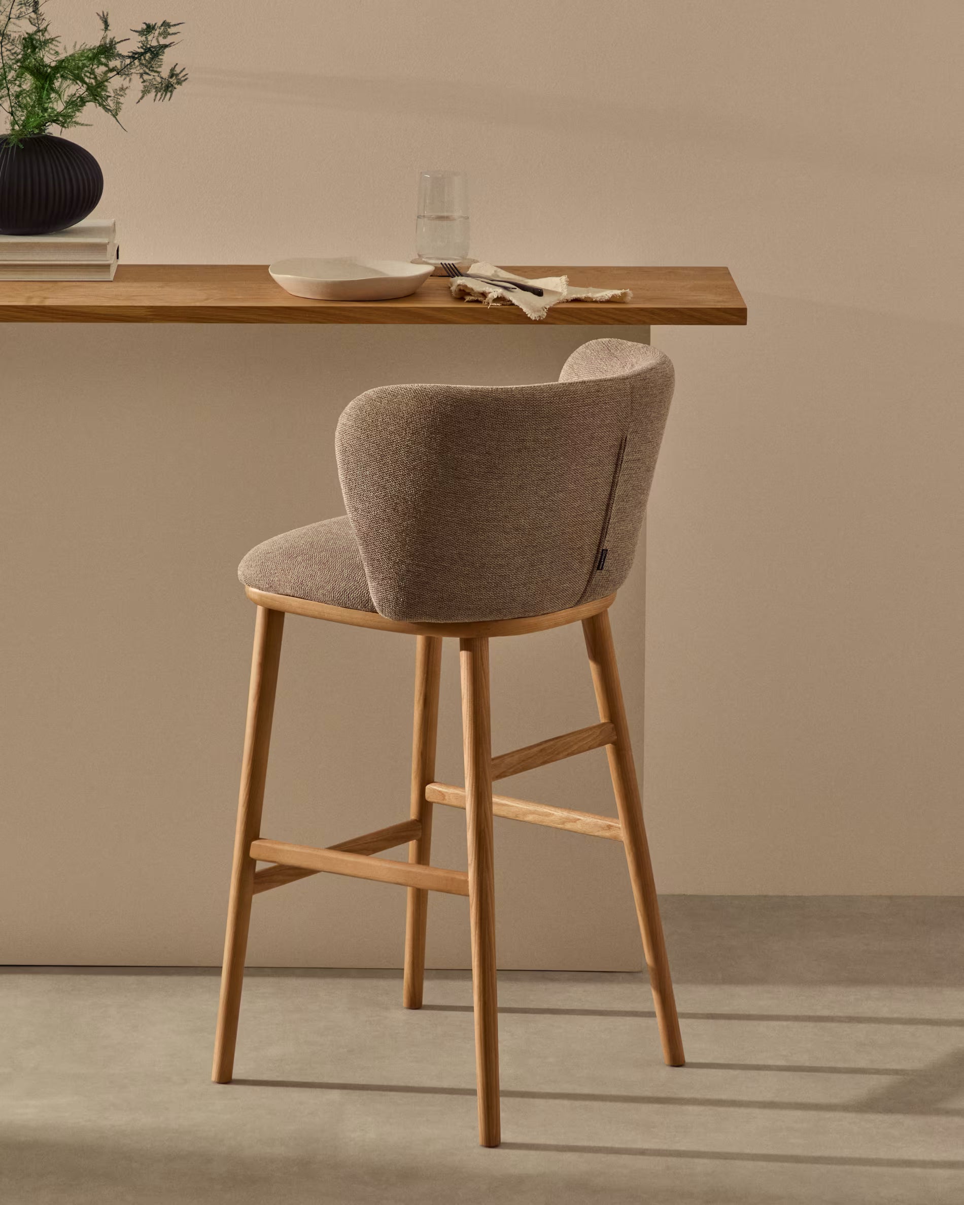 Hocker Japandi Beige Chenille Eschenholz Natur 75 cm