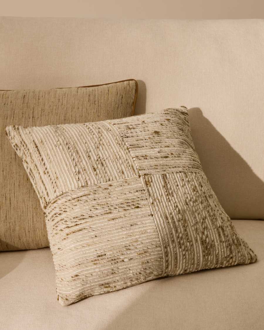 Kissenbezug Japandi Jacquard Beige Grün Kariert 45x45 cm