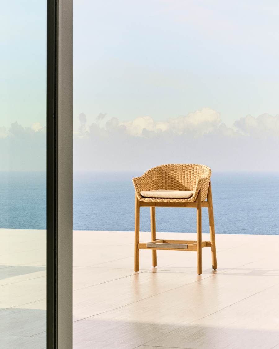 Hocker Japandi Teakholz Rattan 65 cm