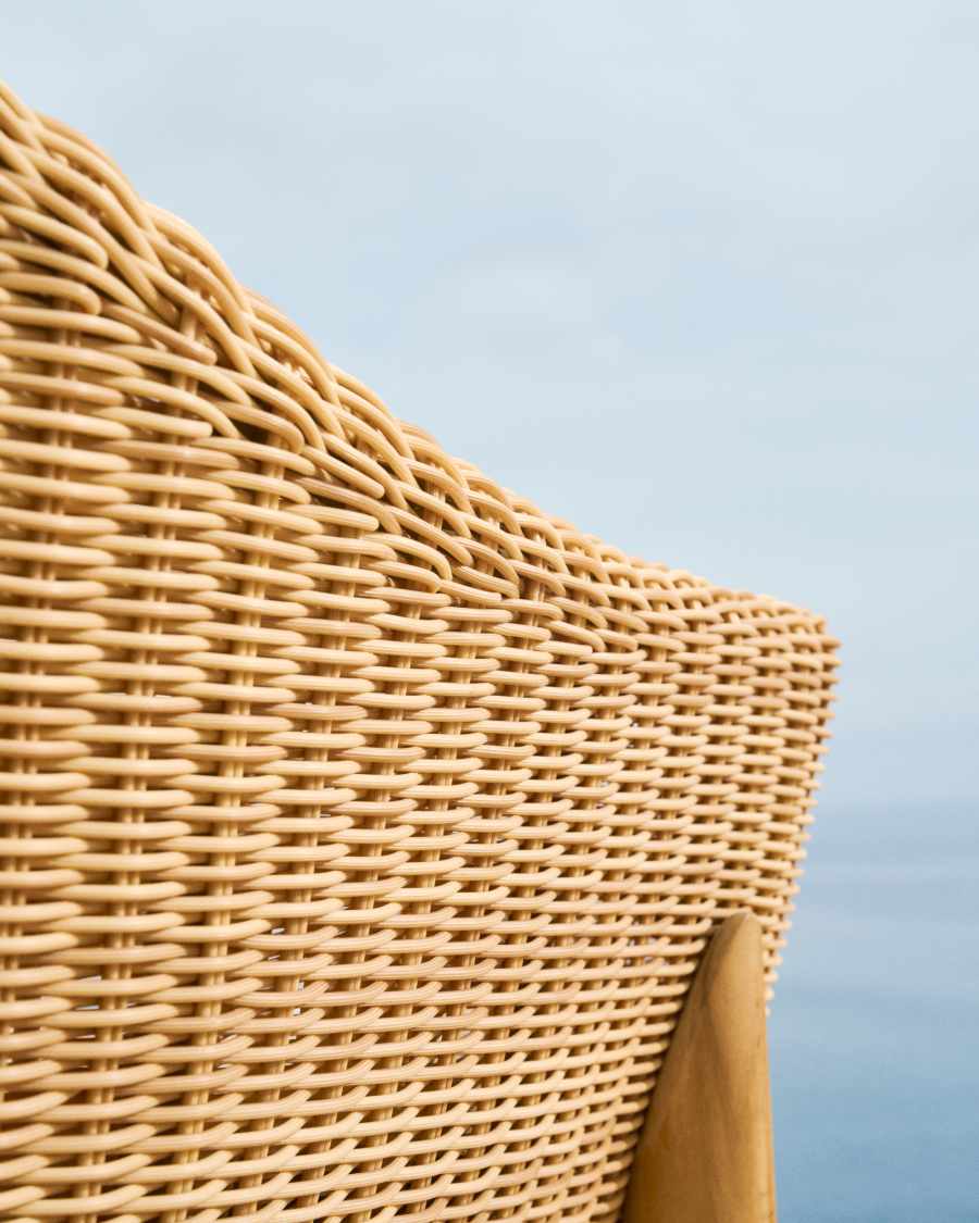 Hocker Japandi Teakholz Rattan 65 cm