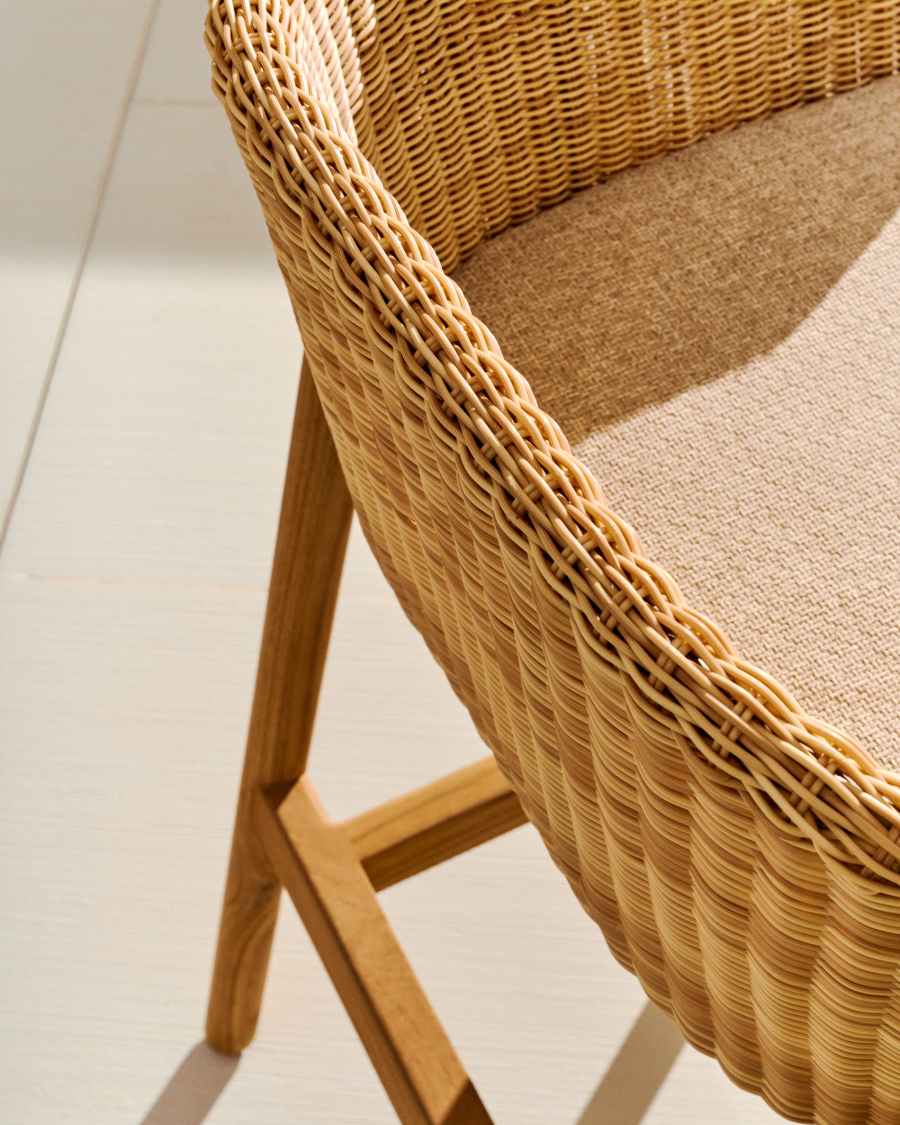 Hocker Japandi Teakholz Rattan 65 cm