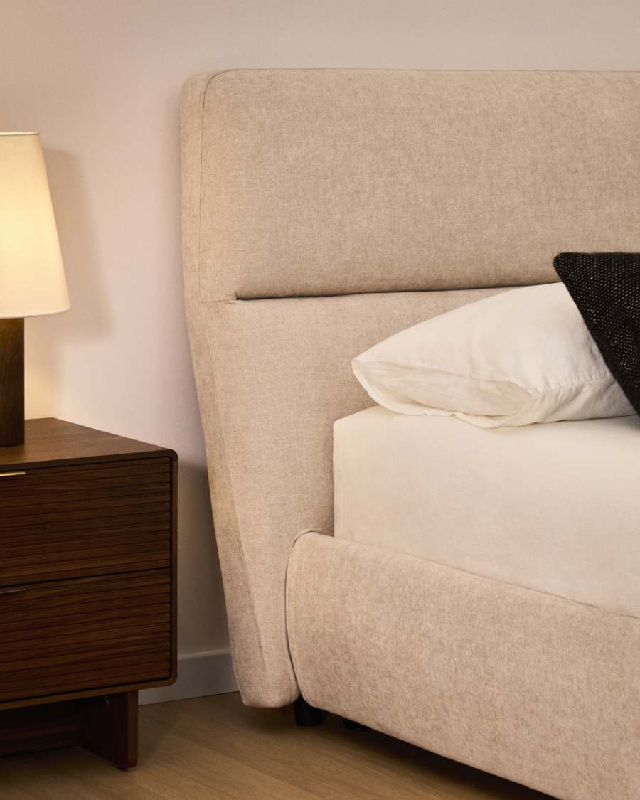 Japandi Bett mit Bettkasten, Chenille-Bezug in Beige, 180 x 200 cm