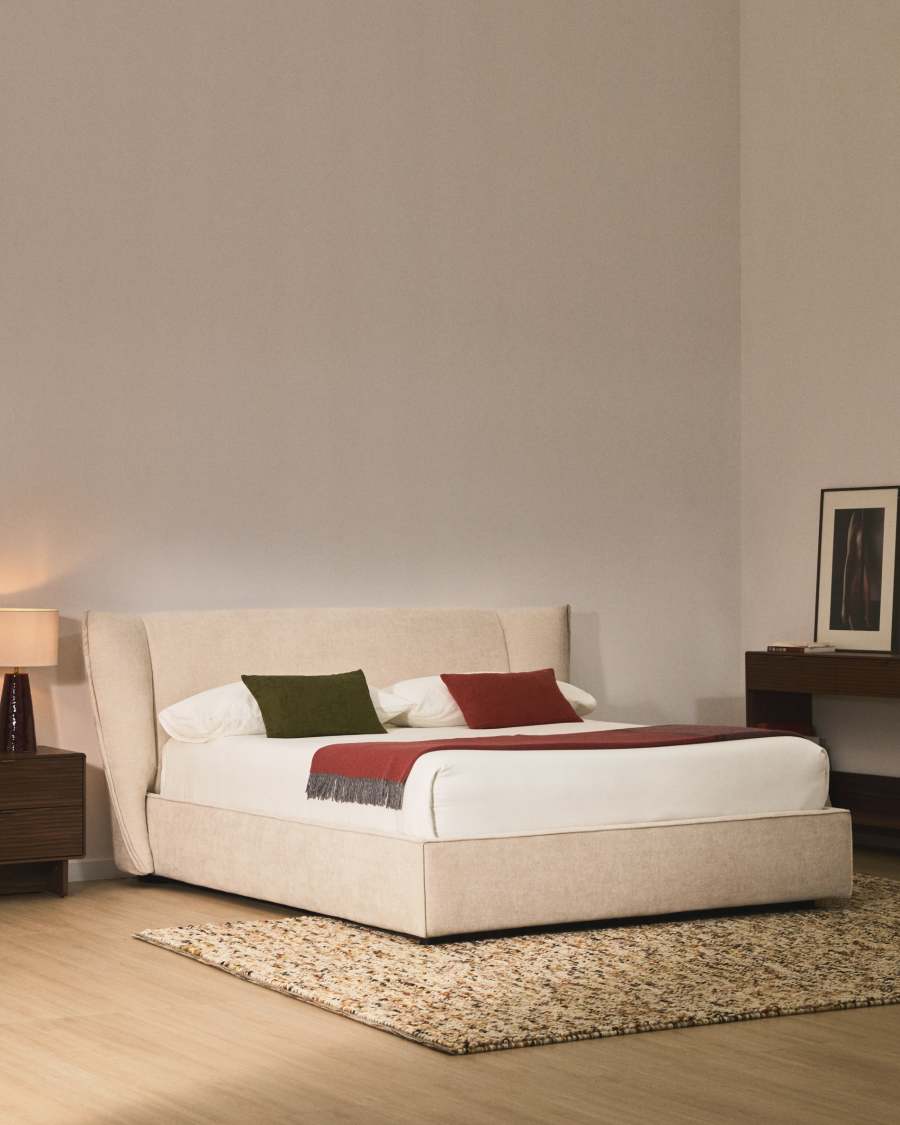Japandi Bett mit Bettkasten, Chenille-Bezug, Beige, 180x200 cm