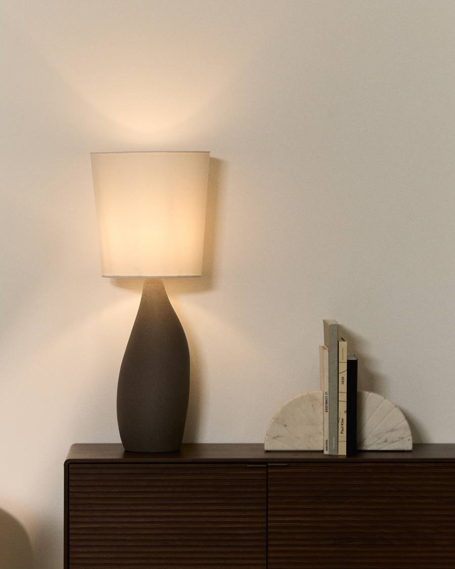 Tischlampe Japandi Steinoptik Baumwollschirm