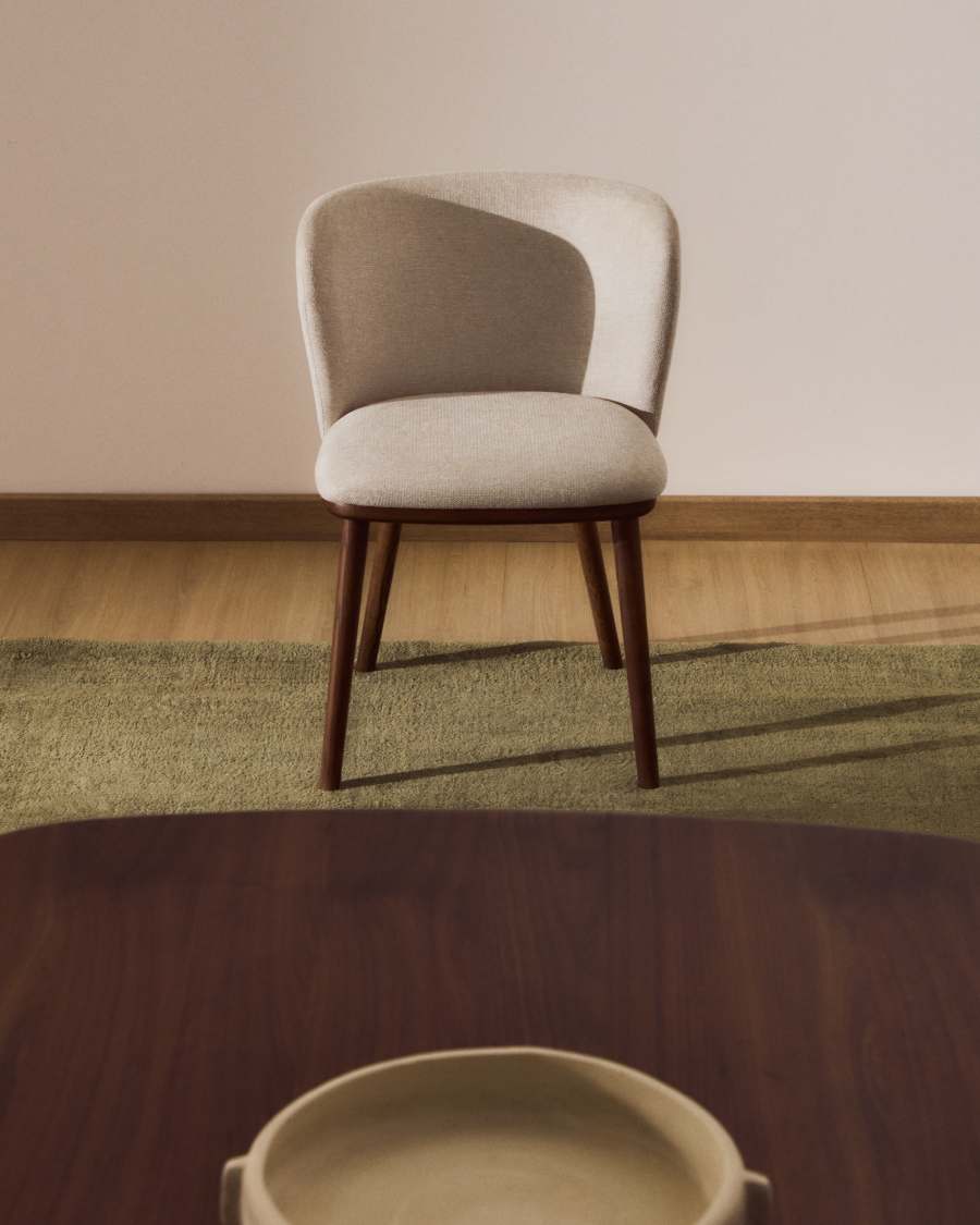 Japandi Sessel Beige Chenille Eschenholz Walnuss