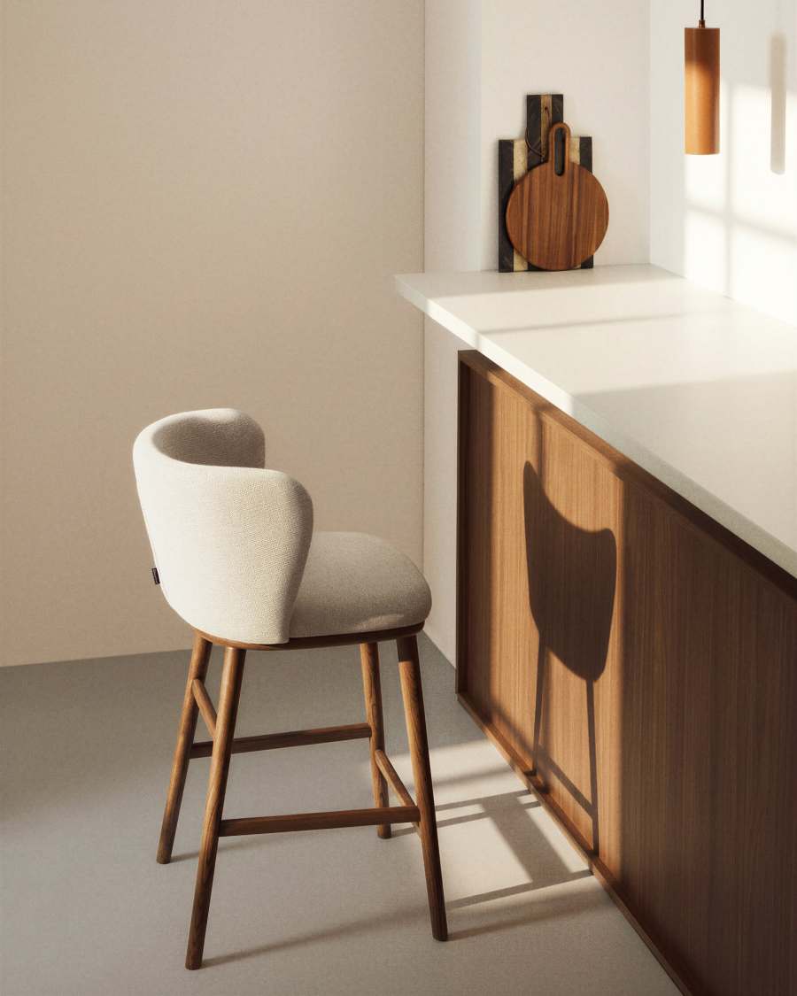 Hocker Japandi Beige Chenille Eschenholz Walnuss 65 cm
