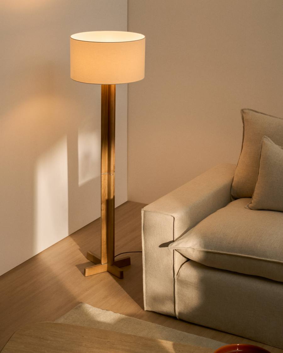 Stehlampe Japandi Kautschukholz Natur mit Baumwollschirm