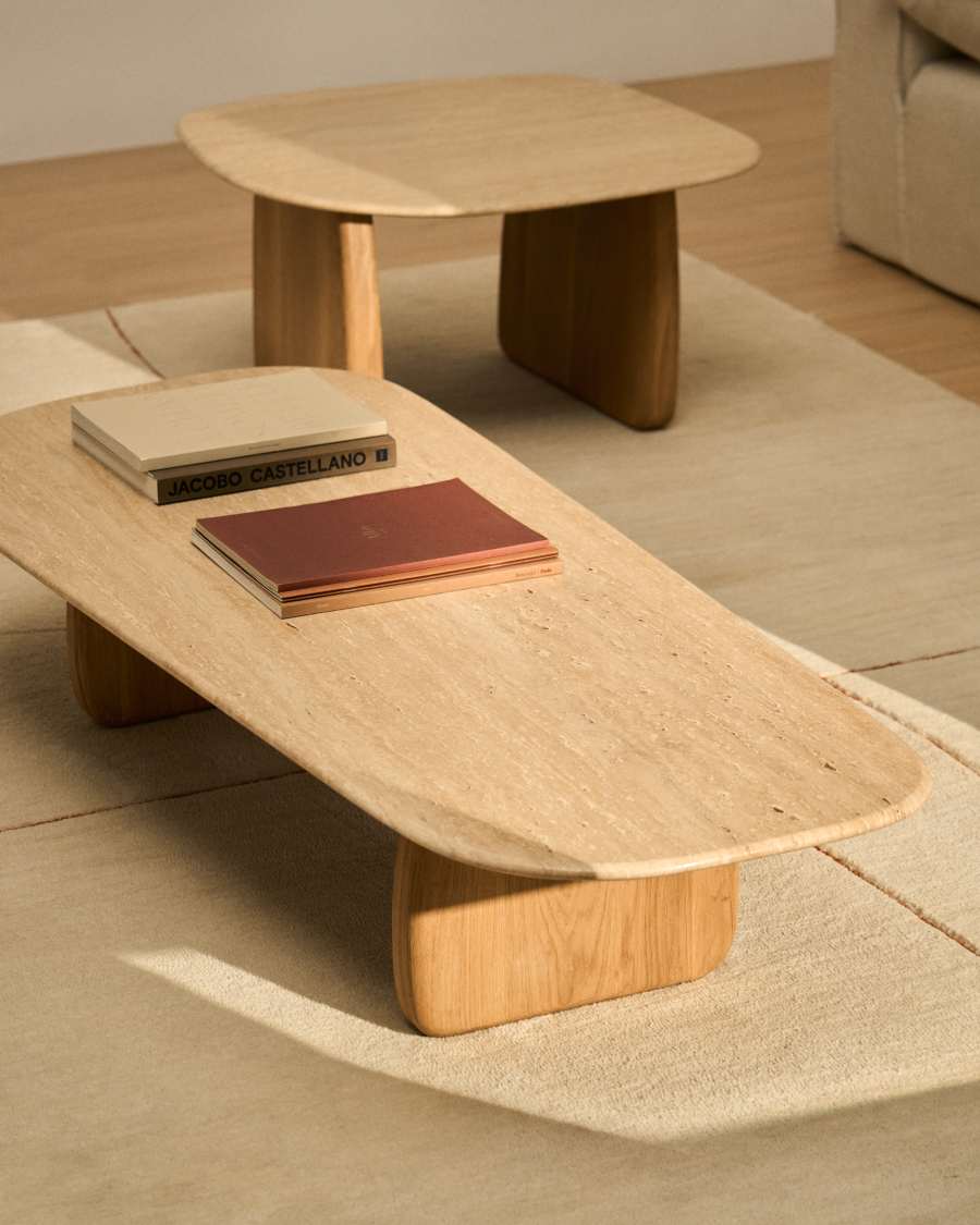 Couchtisch Japandi Travertin Eichenholz 147x65 cm
