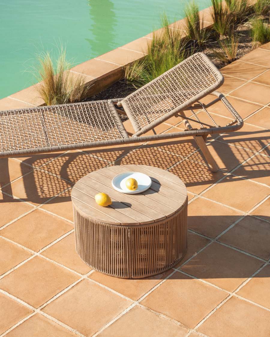 Couchtisch Japandi Stahl Flechtwerk Akazienholz 60 cm