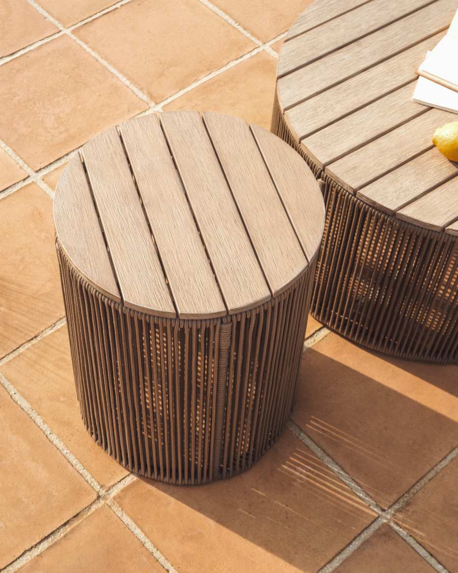 Couchtisch Japandi Stahl Flechtwerk Akazienholz 40 cm