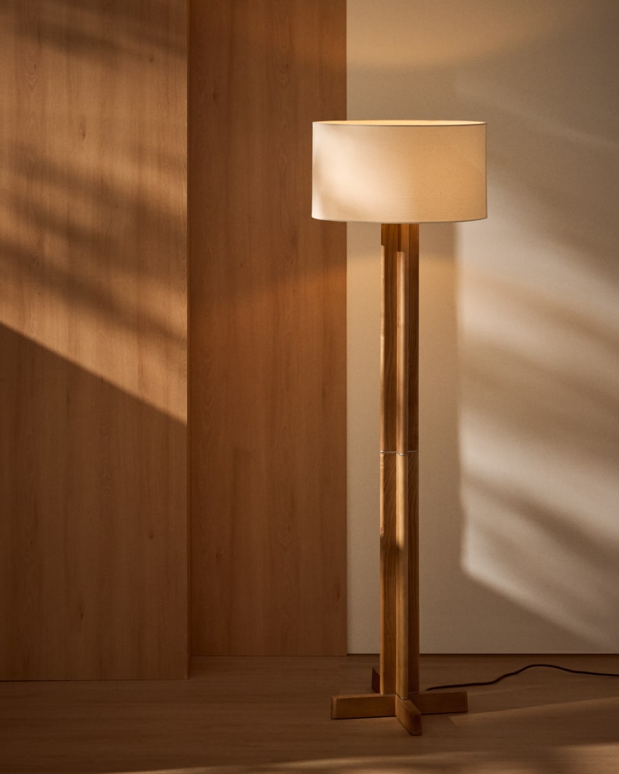Stehlampe Japandi Kautschukholz Natur mit Baumwollschirm