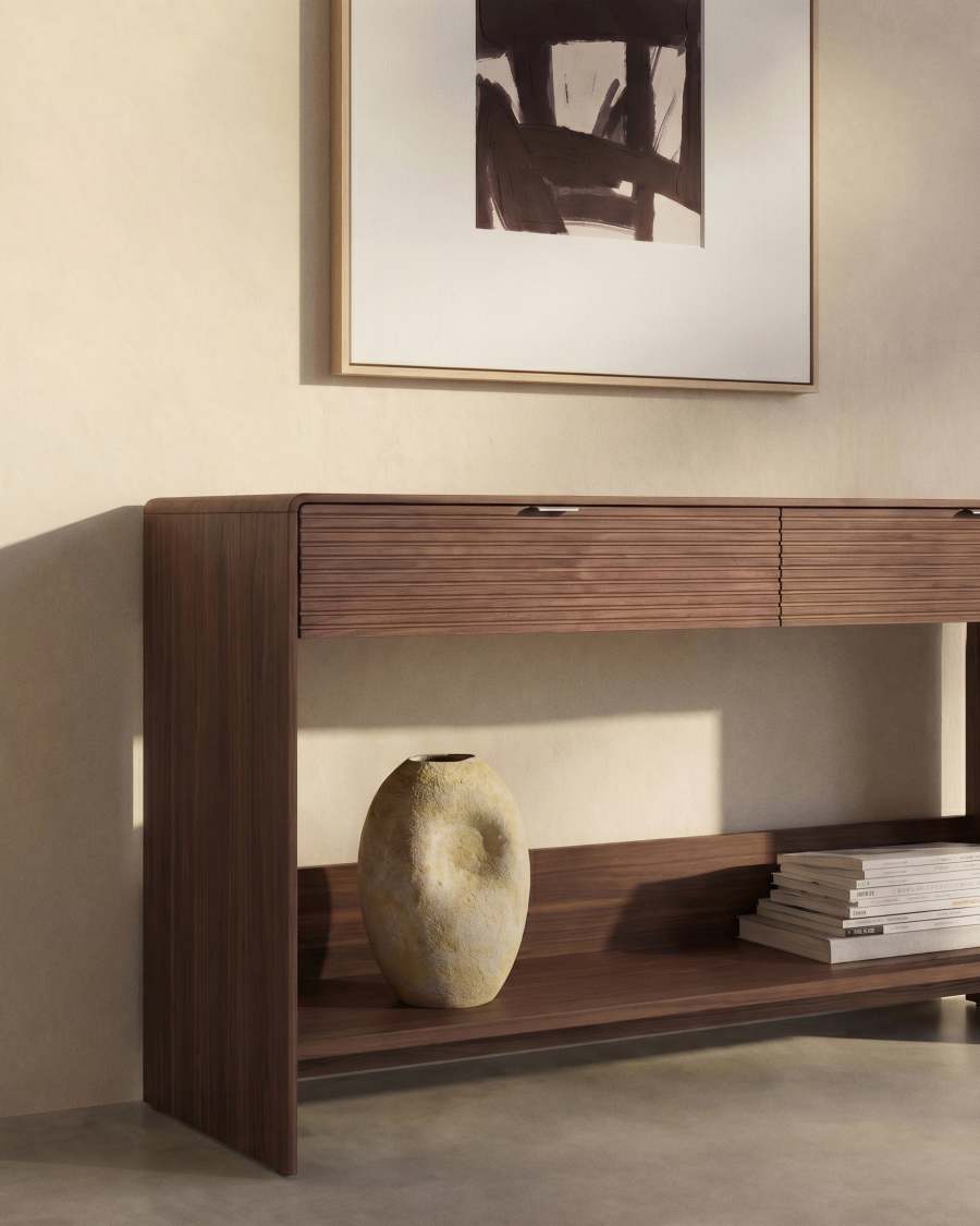 Konsolentisch Japandi Nussbaumfurnier 2 Schubladen 120x81 cm