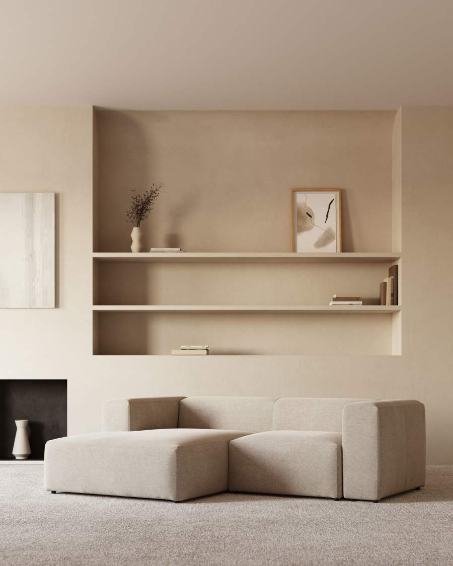 Japandi Sofa mit Récamiere Links, Beige Chenille