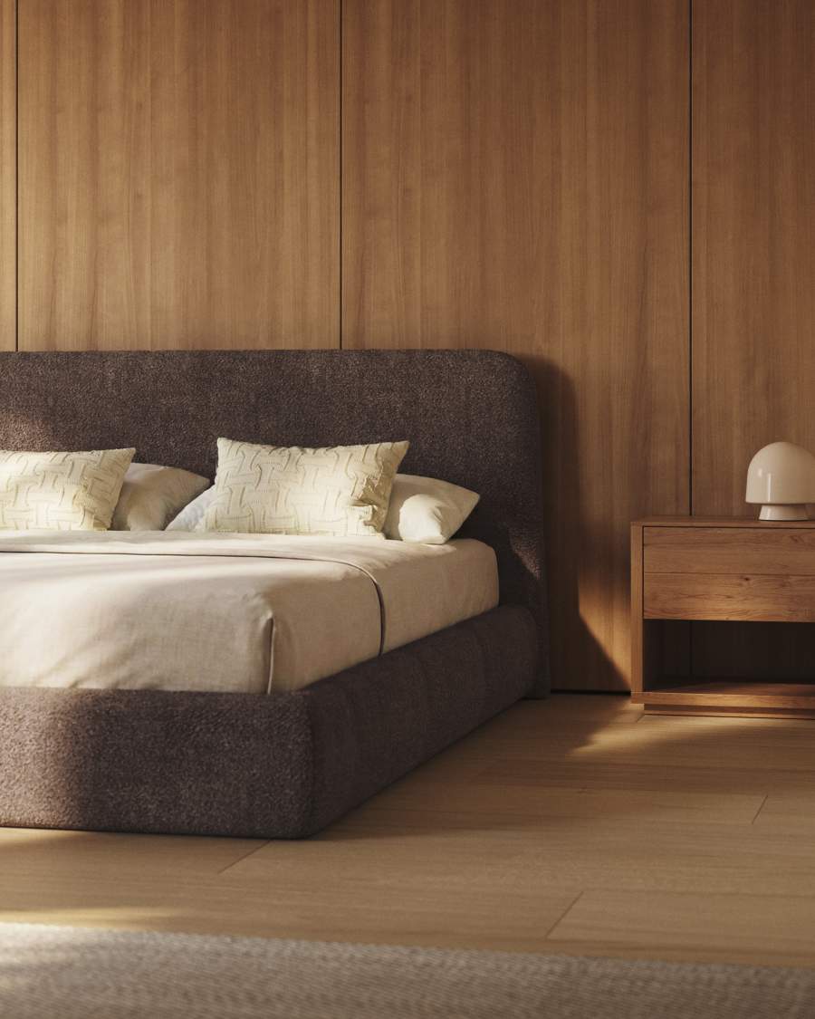 Japandi Bett mit Lammfellimitat in Braun 160x200 cm