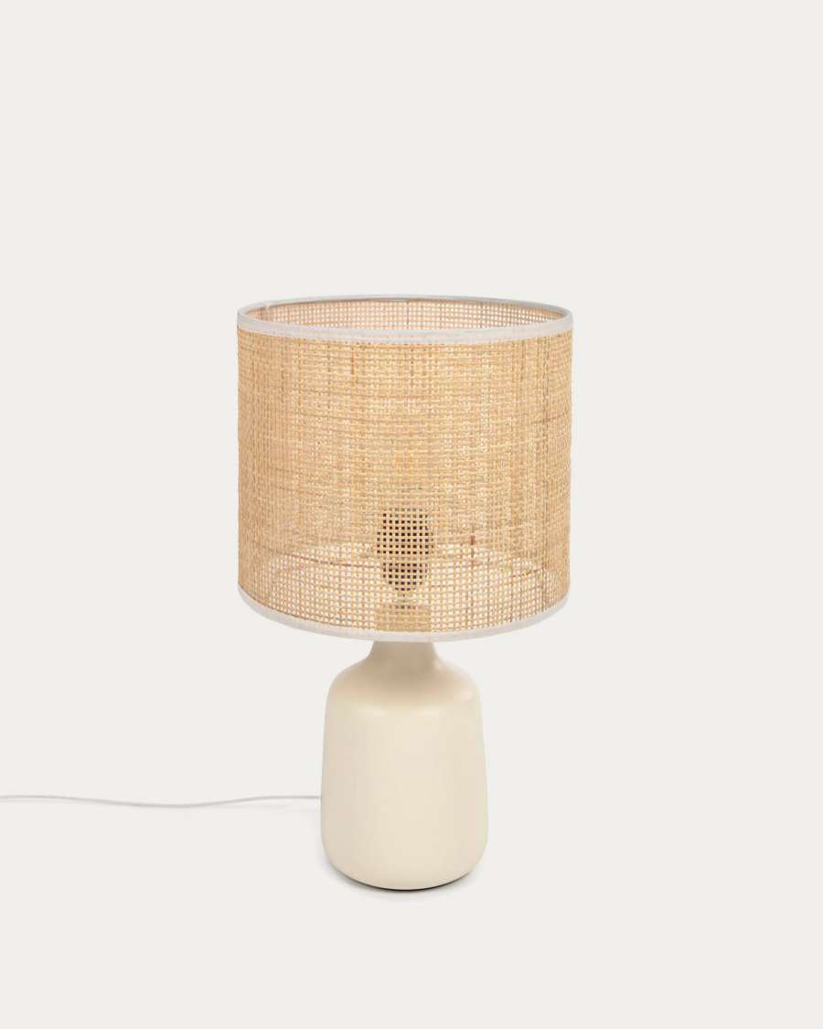 Japandi Tischlampe aus Keramik und Bambus, Weiß/Natur