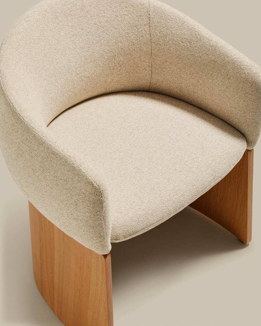 Japandi Stuhl Beige Chenille Eichenfurnier