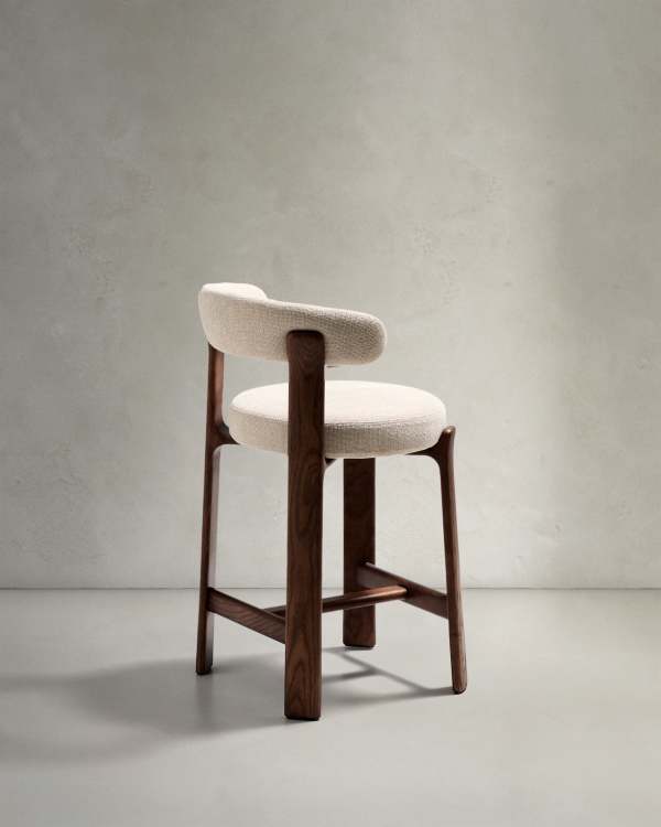 Beige Chenille Japandi Hocker Walnuss Finish 65 cm