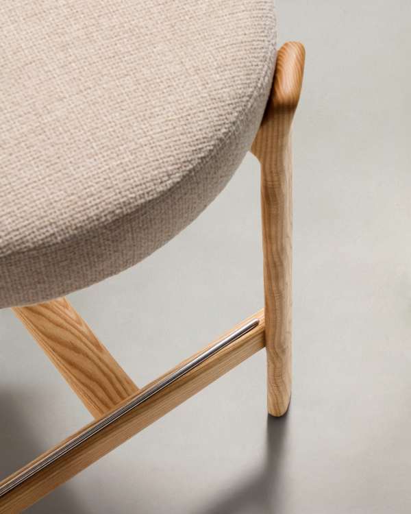 Japandi Hocker aus Hellem Holz in Beige Chenille