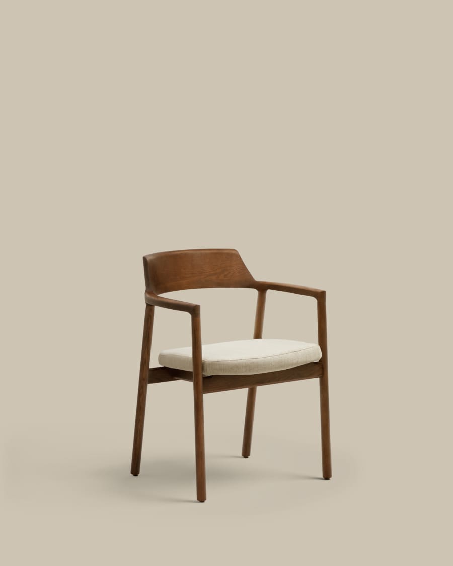 Japandi Stuhl Beige Chenille | Esszimmerstuhl aus Eichen- & Nussbaumholz