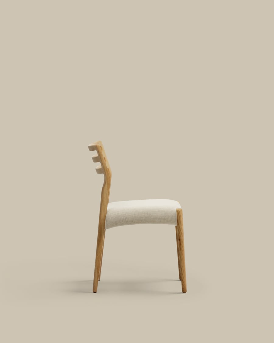 Japandi Stuhl Beige Chenille Eichenholz Natur