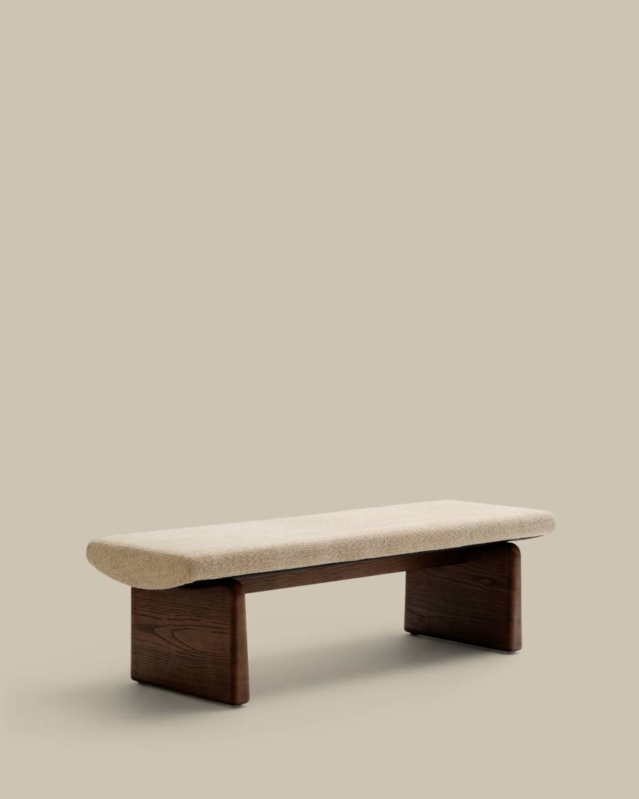 Japandi Polsterbank Beige Chenille Eschenholz Walnuss 150 cm