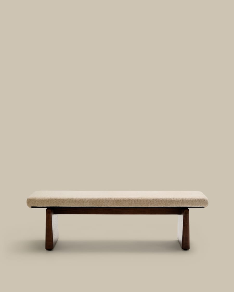 Japandi Polsterbank Beige Chenille Eschenholz Walnuss 150 cm