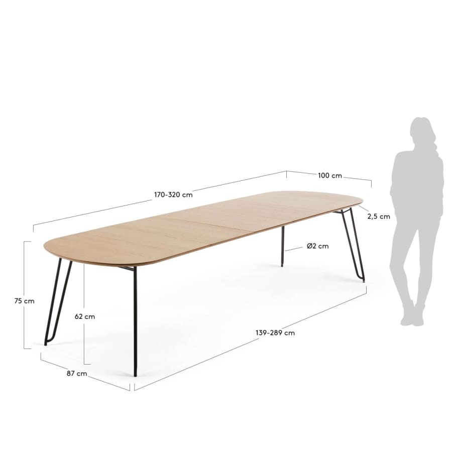 Ausziehtisch Japandi Eichenfurnier Schwarzstahl 170–320 cm