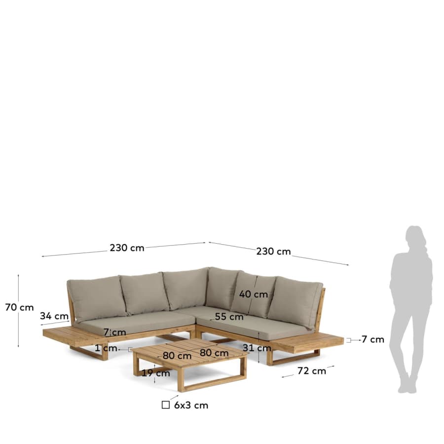 Japandi Ecksofa aus Akazienholz, 5-Sitzer mit Tisch