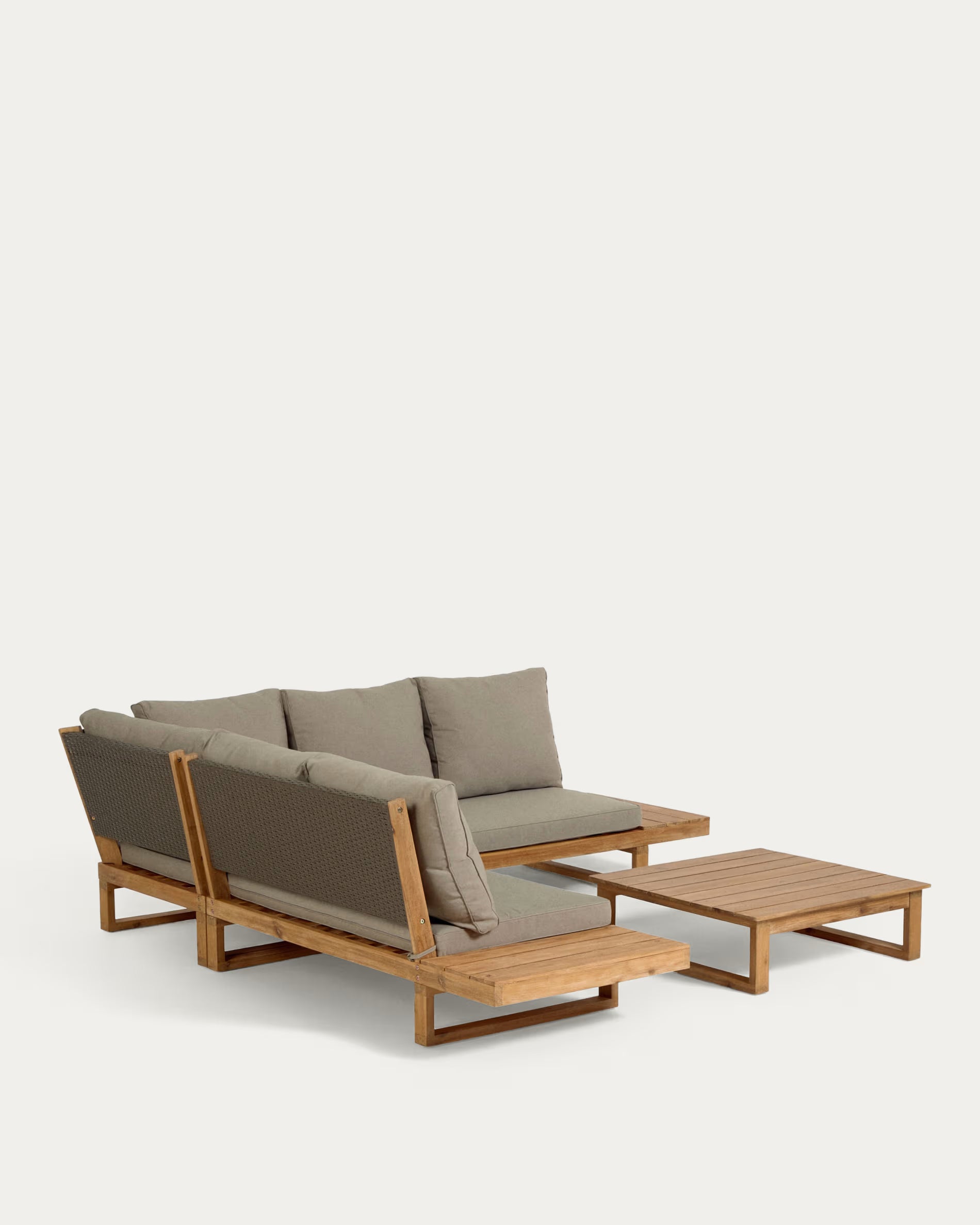 Japandi Ecksofa aus Akazienholz, 5-Sitzer mit Tisch