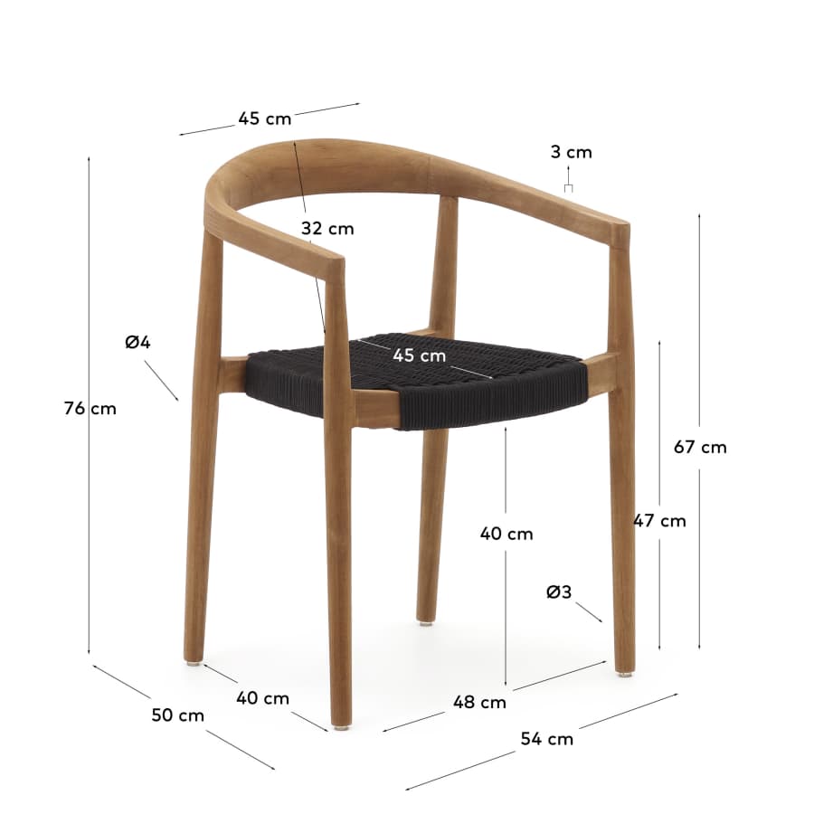 Japandi Stuhl aus Teakholz mit schwarzem Seil für Outdoor