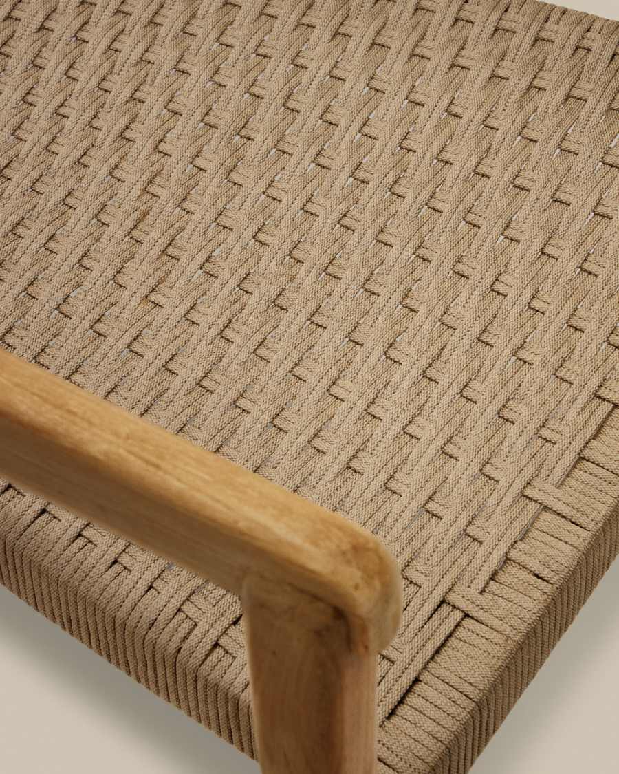 Japandi Stuhl aus Teakholz mit Seilgeflecht in Beige, Stapelbar